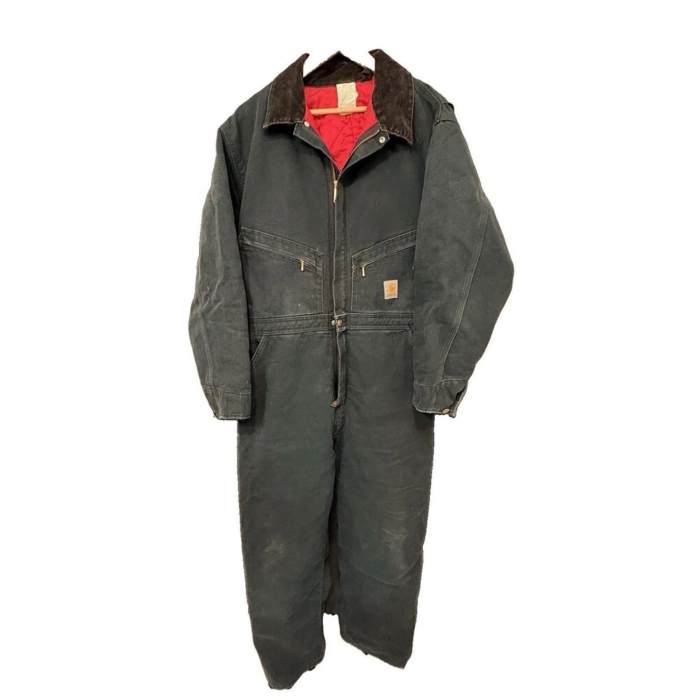 VTG Carhartt X01 Coveralls Mens 46 Black Duck Canvas Red Quilted Lined USA Union